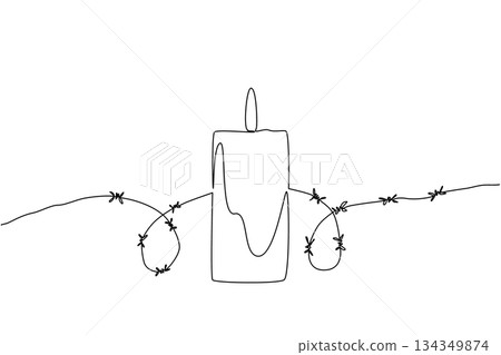 Single continuous line drawing a burning candle behind which is a roll of barbed wire. An organization cares deeply about human rights. Amnesty International Day. One line design vector illustration 134349874