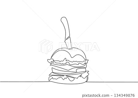 Single continuous line drawing beef burger skewered with knife. Layered meat that makes it even hungrier. Super delicious and filling. National Beef Burger Day. One line design vector illustration 134349876