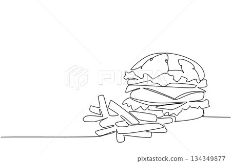Continuous one line drawing beef burger with french fries on the side. A complete meal menu of protein and carbohydrates. Tasty. National Beef Burger Day. Single line draw design vector illustration Continuous one line drawing beef burger with french fries on the side. A complete meal menu of protein and carbohydrates. Tasty. National Beef Burger Day. Single line draw design vector illustration 134349877