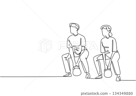 Continuous one line drawing a pair of grandparents are doing fitness on fitness mate. Maintain muscle mass together. National Senior Health and Fitness Day. Single line draw design vector illustration Continuous one line drawing a pair of grandparents are doing fitness on fitness mate. Maintain muscle mass together. National Senior Health and Fitness Day. Single line draw design vector illustration 134349880