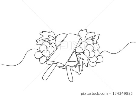 Continuous one line drawing 2 stacked grape popsicles and grapes with leaves. Enjoy the sweet and sour taste of grapes in popsicle. Grape Popsicle Day. Single line draw design vector illustration Continuous one line drawing 2 stacked grape popsicles and grapes with leaves. Enjoy the sweet and sour taste of grapes in popsicle. Grape Popsicle Day. Single line draw design vector illustration 134349885