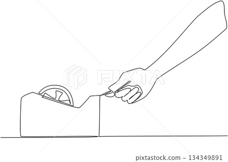 Single one line drawing hand taking isolation from isolation place. Technology for gluing. Transparent clear color. Equipment. National Cellophane Tape. Continuous line design graphic illustration Single one line drawing hand taking isolation from isolation place. Technology for gluing. Transparent clear color. Equipment. National Cellophane Tape. Continuous line design graphic illustration 134349891