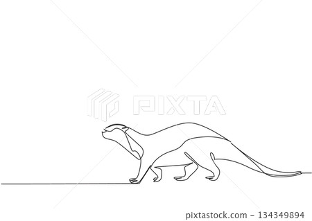 Single continuous line drawing otter is walking. Taking a leisurely stroll to find water to soak in. Adorable behavior during the summer. Wildlife. World Otter Day. One line design vector illustration Single continuous line drawing otter is walking. Taking a leisurely stroll to find water to soak in. Adorable behavior during the summer. Wildlife. World Otter Day. One line design vector illustration 134349894