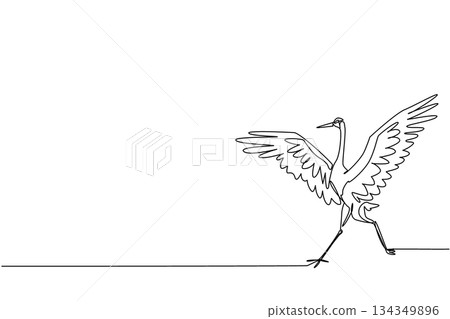 Single one line drawing whooping crane running with wings spread. Attacking posture to defend against predators. Defending the territory Whooping Crane Day. Continuous line design graphic illustration 134349896