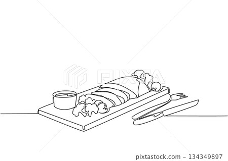 Single one line drawing brisket cut into pieces, broccoli, some tomatoes, small bowl of sauce and knife and fork. Luxurious pleasure. National Brisket Day. Continuous line design graphic illustration 134349897
