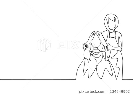 Single continuous line drawing a barber stands holds the hair of woman wearing body covering. Following the trend. National Hairstylist Mental Health Awareness Day. One line design vector illustration 134349902
