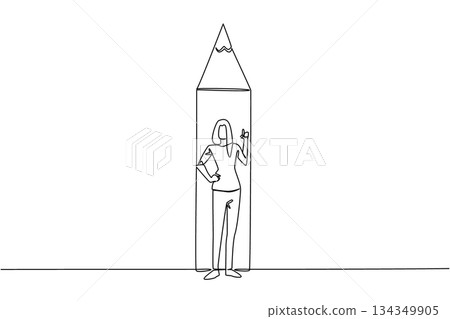 Single one line drawing a woman standing in front of bottom end of pencil with a gesture. Binding the best ideas through writing. National Creativity Day. Continuous line design graphic illustration 134349905