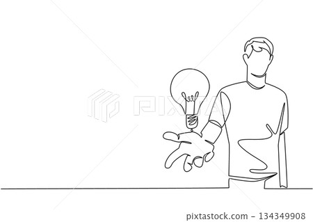 Single continuous line drawing a man opens his palm and a light bulb floats above his palm. Giving a very brilliant idea. Best solution. National Creativity Day. One line design vector illustration 134349908