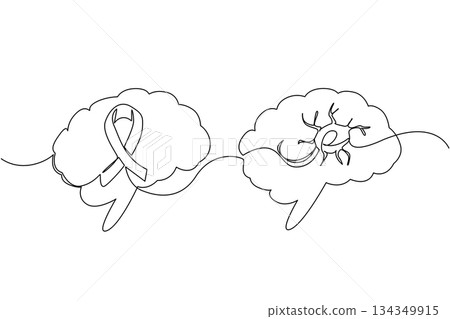 Single one line drawing multiple sclerosis nerves in left brain and campaign ribbons in right brain. Cerebral palsy. Disease. World Multiple Sclerosis Day. Continuous line design graphic illustration Single one line drawing multiple sclerosis nerves in left brain and campaign ribbons in right brain. Cerebral palsy. Disease. World Multiple Sclerosis Day. Continuous line design graphic illustration 134349915