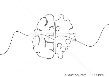 Single one line drawing brain with 2 parts, normal and perforated. A clear comparison. Brain function begins to decline. World Multiple Sclerosis Day. Continuous line design graphic illustration Single one line drawing brain with 2 parts, normal and perforated. A clear comparison. Brain function begins to decline. World Multiple Sclerosis Day. Continuous line design graphic illustration 134349919