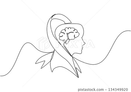 Single continuous line drawing campaign ribbon wraps around silhouette of head with brain inside head. Currently undergoing treatment. World Multiple Sclerosis Day. One line design vector illustration 134349920