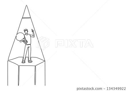Single one line drawing a man carry a lightbulb with gesture in middle of the tip of pencil. Innovation and fresh ideas. Creative. National Creativity Day. Continuous line design graphic illustration 134349922