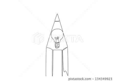 Continuous one line drawing lightbulb in the middle of the tip of pencil. Inside writing instrument there is an extraordinary idea. National Creativity Day. Single line draw design vector illustration Continuous one line drawing lightbulb in the middle of the tip of pencil. Inside writing instrument there is an extraordinary idea. National Creativity Day. Single line draw design vector illustration 134349923