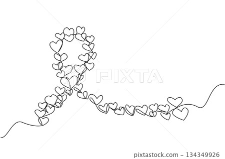 Single continuous line drawing large campaign ribbon formed from collection of small hearts of varying sizes. Caring ribbon. Symbol. World Multiple Sclerosis Day. One line design vector illustration 134349926