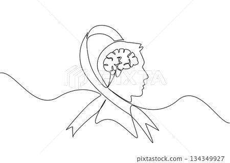 Continuous one line drawing campaign ribbon wraps around silhouette of head with brain inside the head. Suffering is ongoing. World Multiple Sclerosis Day. Single line draw design vector illustration Continuous one line drawing campaign ribbon wraps around silhouette of head with brain inside the head. Suffering is ongoing. World Multiple Sclerosis Day. Single line draw design vector illustration 134349927