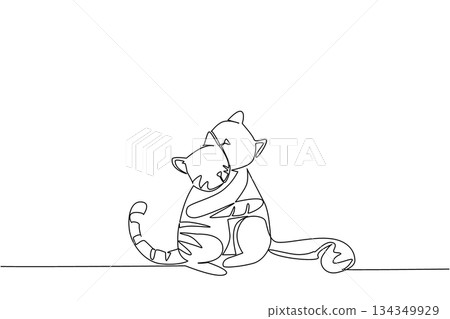 Single one line drawing 2 cats hugging each other. Their unique and adorable behavior. Very friendly as a pet. Sweet. Love. International Hug Your Cat Day. Continuous line design graphic illustration 134349929