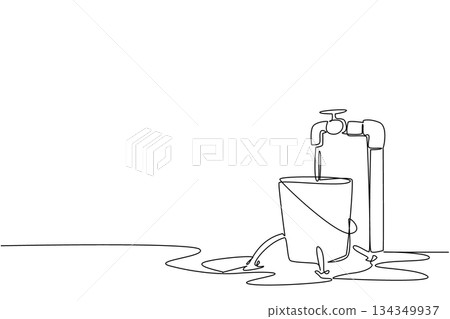 Single continuous line drawing water leaks out of a bucket with holes filled with taps and puddles. Neglect becomes waste. Broken. National Hole In My Bucket Day. One line design vector illustration 134349937