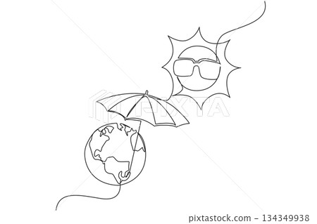 Continuous one line drawing the earth uses an umbrella and the sun uses glasses. Protect from very strong ultraviolet rays. National Heat Awareness Day. Single line draw design vector illustration Continuous one line drawing the earth uses an umbrella and the sun uses glasses. Protect from very strong ultraviolet rays. National Heat Awareness Day. Single line draw design vector illustration 134349938