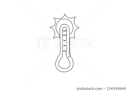 Continuous one line drawing thermometer with red pointer and sun above. Stay home during very hot weather. Heatwave. Warning. National Heat Awareness Day. Single line draw design vector illustration Continuous one line drawing thermometer with red pointer and sun above. Stay home during very hot weather. Heatwave. Warning. National Heat Awareness Day. Single line draw design vector illustration 134349940