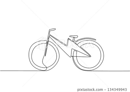 Single one line drawing lightning bolt in the middle of e bike frame. Electric technology to inspire cycling. Convenience for everyone. National E Bike Day. Continuous line design graphic illustration 134349943