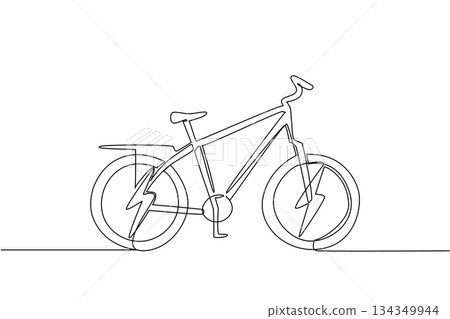 Single continuous line drawing lightning bolt in the middle of both e bike tires. High technology helps make bikes faster. Need to charge. National E Bike Day. One line design vector illustration 134349944