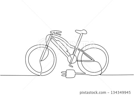 Continuous one line drawing e bike with a cable plug on its rear tire. Electric bikes that can be charged at charging stations. Tech. National E Bike Day. Single line draw design vector illustration 134349945