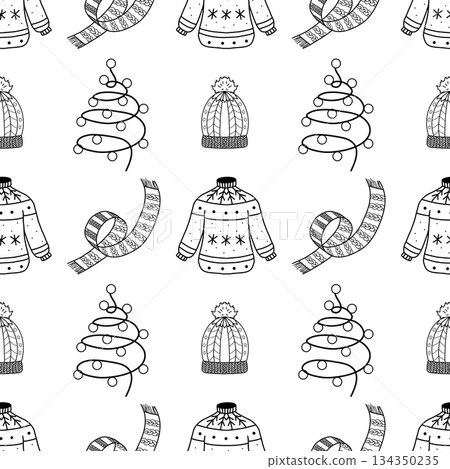 Seamless pattern. Line drawing of winter symbols. 134350235