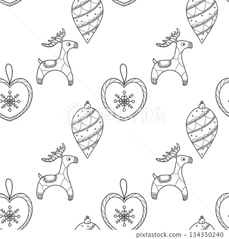 Seamless pattern. Line drawing of winter symbols. Christmas tree decorations 134350240
