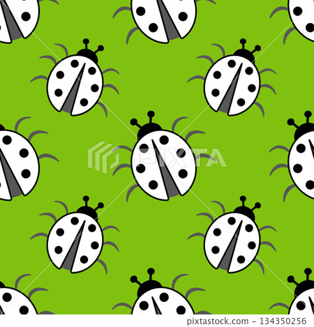 Black white ladybugs on green background. Nature seamless pattern of ladybugs and greenery. Monochrome minimalist fresh background. 134350256
