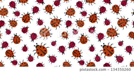 Abstract seamless pattern of ladybugs. Random red little ladybugs on white background. Traditional cute design for decorating children's items. 134350260