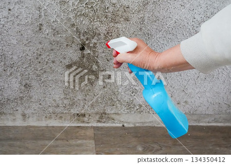 Medium Shot Horizontal View of Mold Removal on Wall Medium Shot Horizontal View of Mold Removal on Wall 134350412