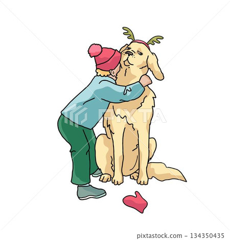 kid in winter outfit and dog with deer antlers kid in winter outfit and dog with deer antlers 134350435