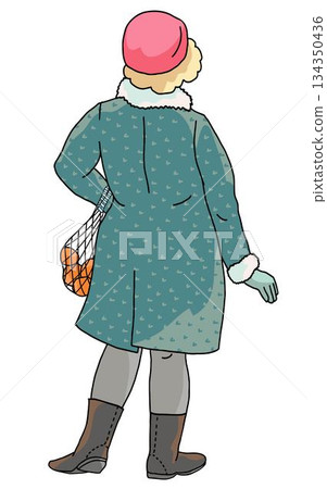 woman standing in winter outfit back view woman standing in winter outfit back view 134350436