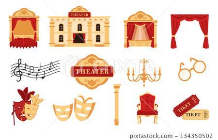 Theater Icons and Elements Set with Stage, Curtains, Masks, Tickets, Chandelier and Musical Notes. Classical Opera and Drama Illustration Collection Isolated on White Background 134350502