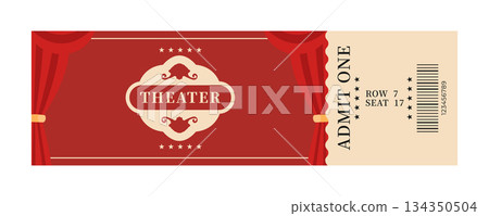 Vintage retro theatre ticket with red curtains classic opera and stage performance entry passes illustration Vintage retro theatre ticket with red curtains classic opera and stage performance entry passes illustration 134350504