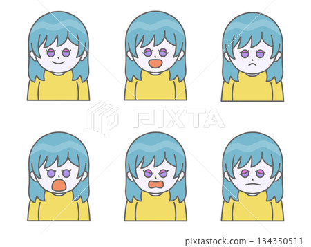 Illustration of a woman with various facial expressions ① Vivid color Sky blue 134350511