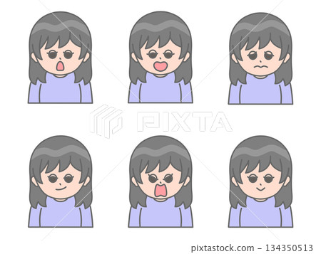 Illustration of a woman with various facial expressions ② Black hair x purple Illustration of a woman with various facial expressions ② Black hair x purple 134350513