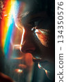 Close up of human eye with rainbow light reflection on face 134350576