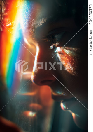 Close up of human eye with rainbow light reflection on face Close up of human eye with rainbow light reflection on face 134350576