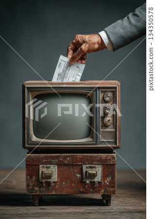 Ballot paper inserted into vintage television set Ballot paper inserted into vintage television set 134350578
