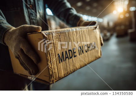 Hands holding cardboard box labeled Made in China in warehouse Hands holding cardboard box labeled Made in China in warehouse 134350580