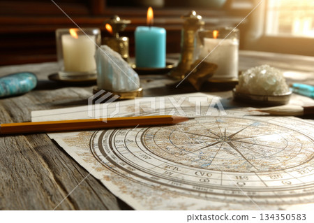 Astrology natal chart with candles and crystals on wooden table Astrology natal chart with candles and crystals on wooden table 134350583