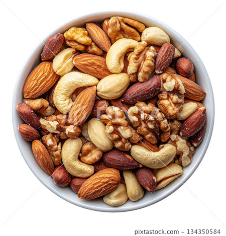 Bowl of mixed nuts isolated on white background Bowl of mixed nuts isolated on white background 134350584