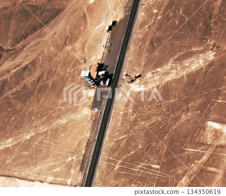 Nazca Lines and the Pan-American Highway seen from above, Peru, South America Nazca Lines and the Pan-American Highway seen from above, Peru, South America 134350619