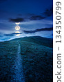 hiking trail through mountain landscape at night. mountains under sky with clouds in full moon light. scenery with green grass and rolling hills. questionable finance investment or abstract concepts 134350799