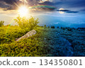 hiking trail through mountain landscape. day and night time change concept. mountains under sky with sun and moon at twilight. scenery with green grass and rolling hills. equality and shift template 134350801