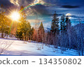 winter solstice landscape. day and night time change concept. deciduous forest on snow covered hill with sun and moon at twilight. beautiful scenery under blue sky. duality and transition template 134350802