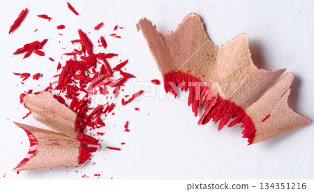 Wooden red shavings of lead pencil on white background, top view Wooden red shavings of lead pencil on white background, top view 134351216