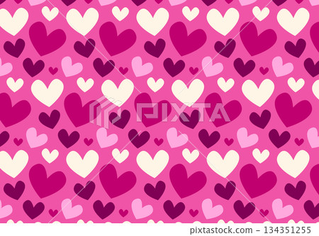 Seamless pattern with pink hearts of various shapes.  Cartoon wrapping paper in a hand drawn. Vintage vector print, design, decor for celebrating Valentine's Day. Love, romance, infatuation, passion.  134351255