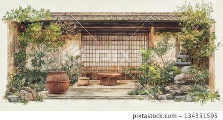 Watercolor Style Home Garden Terrace, Zen Style, Featuring with Outdoor Design 134351595